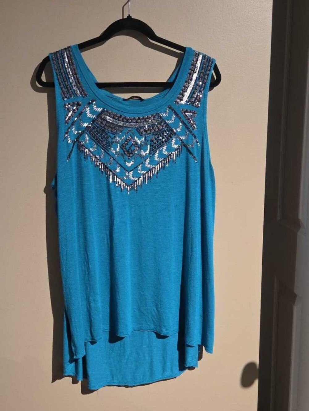 Teal tank top with Sequin and embroidery Navajo Pattern